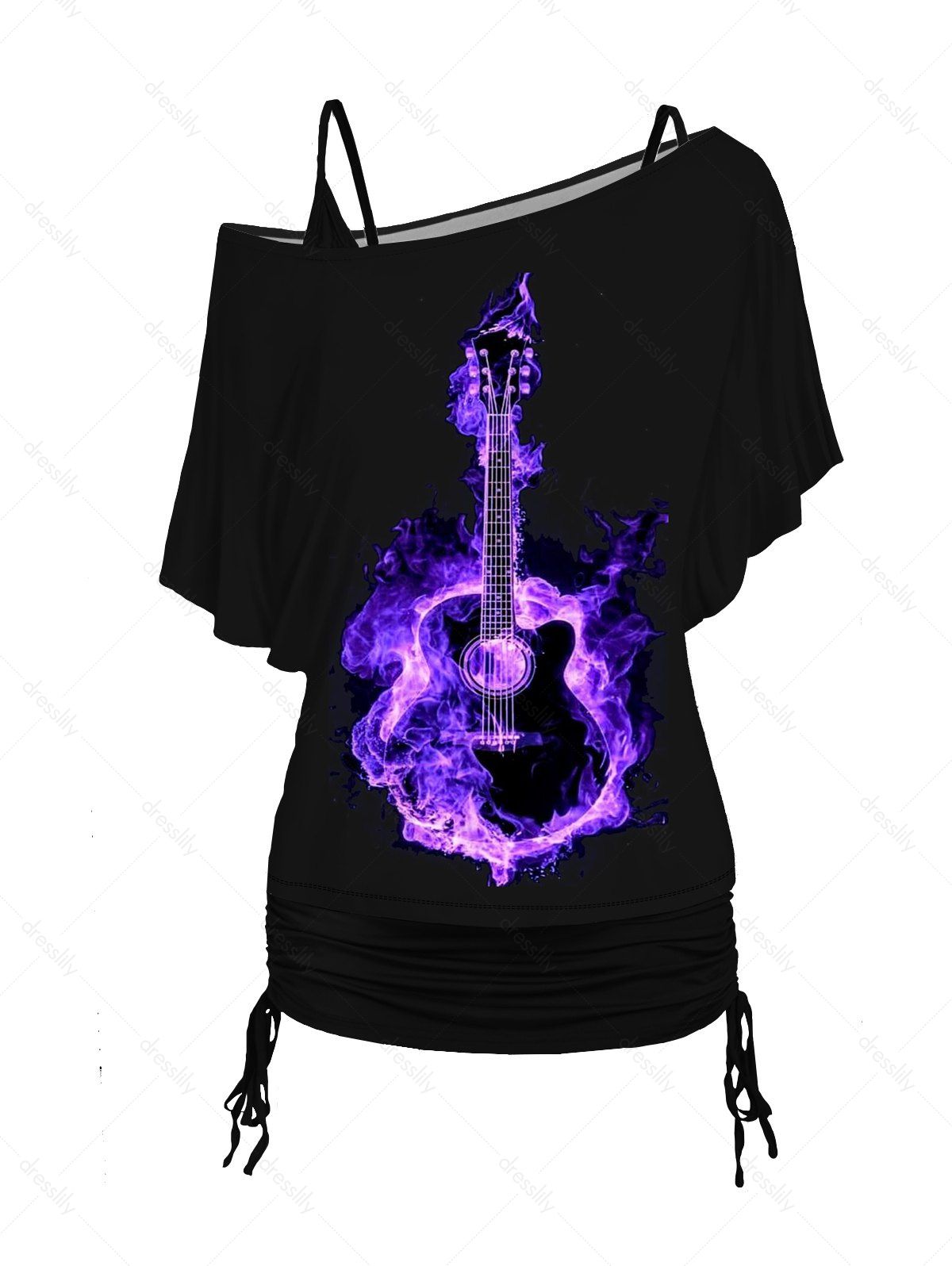 Dresslily Guitar Print Oblique Shoulder T Shirt and Cinched Ruched Spaghetti Strap Camisole Set