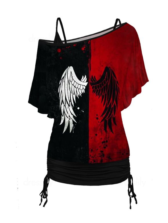 Ensemble de T-shirt à Imprimé Aile à Col Oblique et Camisole Longue Plissée - Noir M