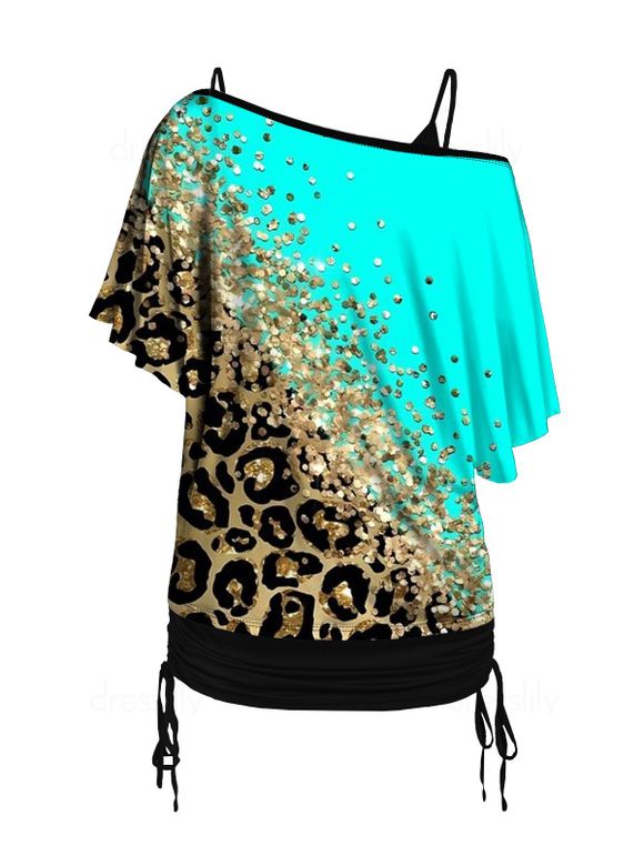 Ensemble de T-shirt à Imprimé Léopard à Epaule Dénudée à Volants et de Camisole Plissée à Bretelle Fine - multicolor S