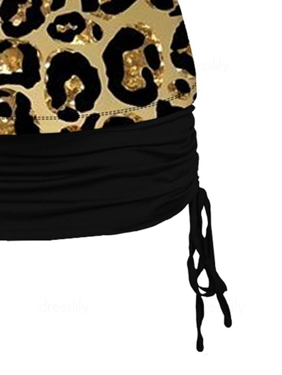 Ensemble de T-shirt à Imprimé Léopard à Epaule Dénudée à Volants et de Camisole Plissée à Bretelle Fine - multicolor S