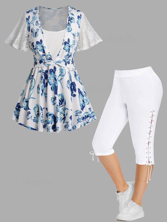 Plus Size Flower Allover Print Lace Fresh Style Top and Lace Up Eyelet Capri Leggings Casual Outfit - LIGHT BLUE L