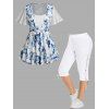 Plus Size Flower Allover Print Lace Fresh Style Top and Lace Up Eyelet Capri Leggings Casual Outfit - LIGHT BLUE L