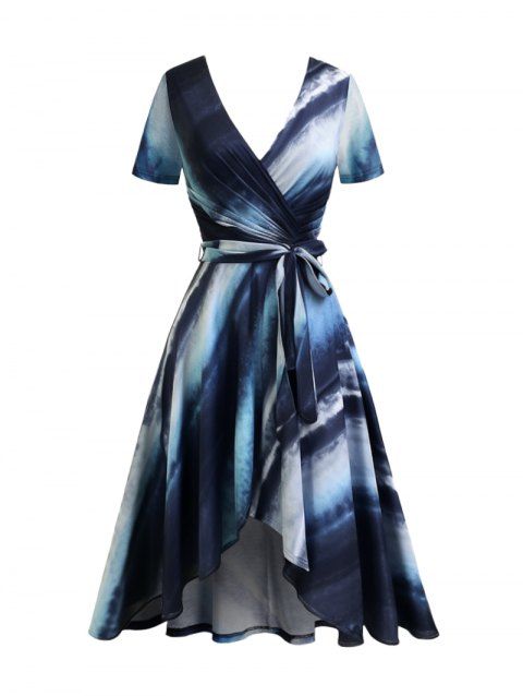 Tie Dye Print Surplice Dress Belted Asymmetrical Hem Midi Dress