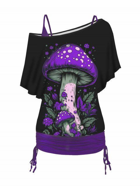 Ensemble de T-shirt à Imprimé Champignon à Epaule Oblique et Débardeur Ruché