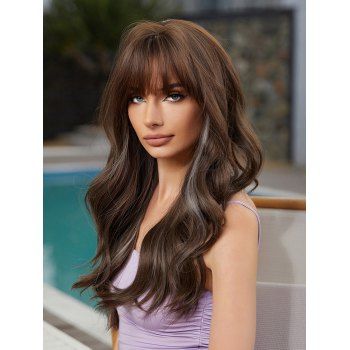 

Long Full Bang Highlight Wavy Synthetic Wig, Camel brown