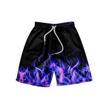 

Fire Flame Print Shorts Drawstring Elastic Waist Casual Shorts, Black