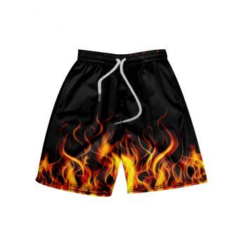 

Fire Flame Print Elastic Waist Shorts Drawstring Casual Beach Shorts, Black