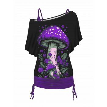 

Mushroom Print Oblique Shoulder T Shirt and Cinched Ruched Tank Top Set, Concord