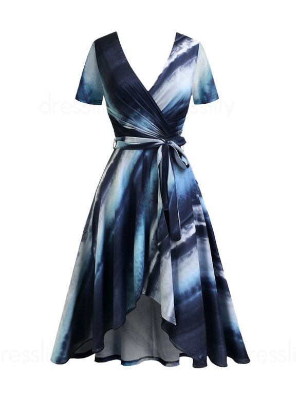 Robe Cahce-cœur Mi-Longue Ceinturée Teintée Imprimée à Ourlet Asymétrique - Bleu L