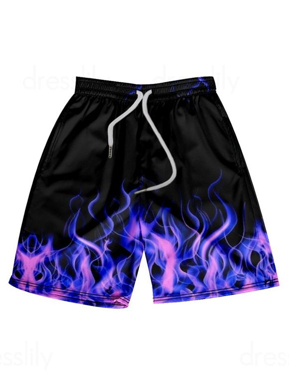 Short Décontracté à Imprimé Flamme à Taille Elastique à Cordon - Noir 4XL