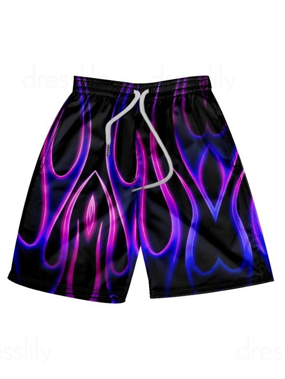 Short Décontracté à Imprimé Flamme Partout Taille Elastique à Cordon - Noir 4XL