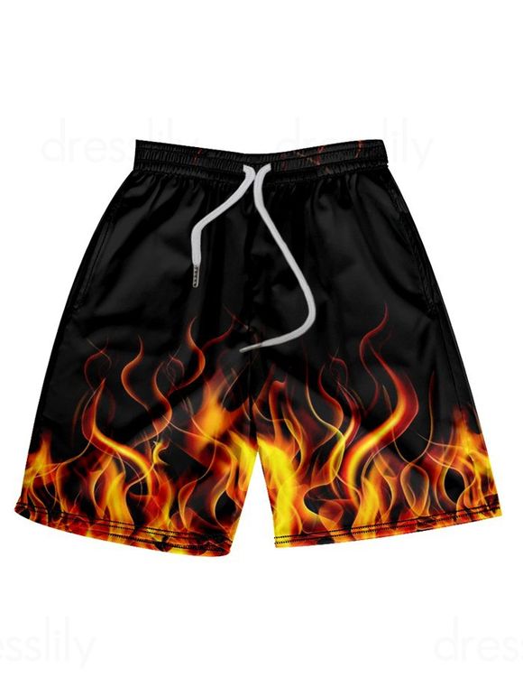 Short de Plage Décontracté à Imprimé Feu Taille Elastique à Cordon - Noir 4XL