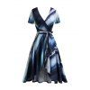Tie Dye Print Surplice Dress Belted Asymmetrical Hem Midi Dress - BLUE L