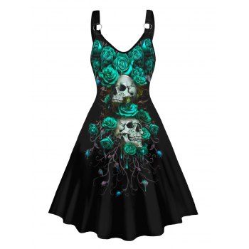 

Skull and Rose Print Tank Dress O Ring A Line Casual Dress, Black