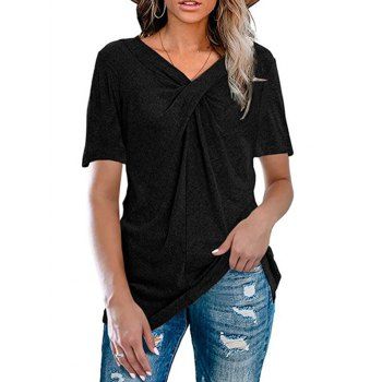 

Plain Color Twist T Shirt Short Sleeve V Neck Casual Tee, Black