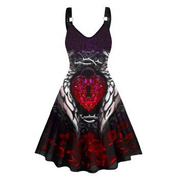

Wings and Heart Print Tank Dress O Ring V Neck Casual Midi Dress, Black