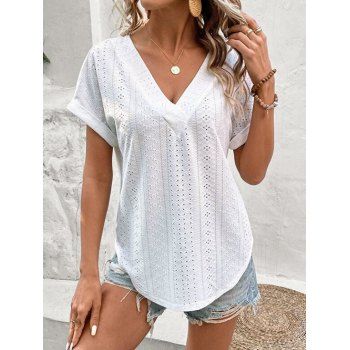 

Plain Color Eyelet Embroidery T Shirt Plunging Neck Curve Hem Casual Top, White