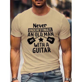 

Slogan and Guitar Print T Shirt Cotton Round Neck Casual Tee, Light coffee