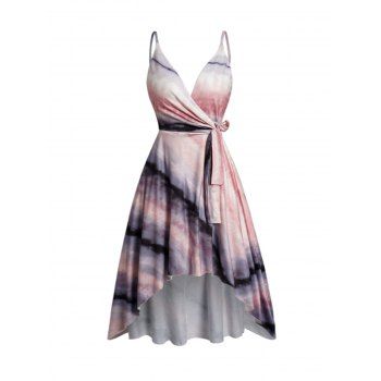 

Tie Dye Print High Low Dress Surplice Plunge Bowknot Spaghetti Strap Dress, Light pink