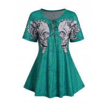

Skull and Wing Print T Shirt Lace Up Round Neck Short Sleeve Casual Top, Light green