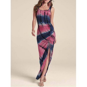 

Tie Dye Print Cinched Side Tank Dress U Neck Casual Maxi Party Dress, Light pink