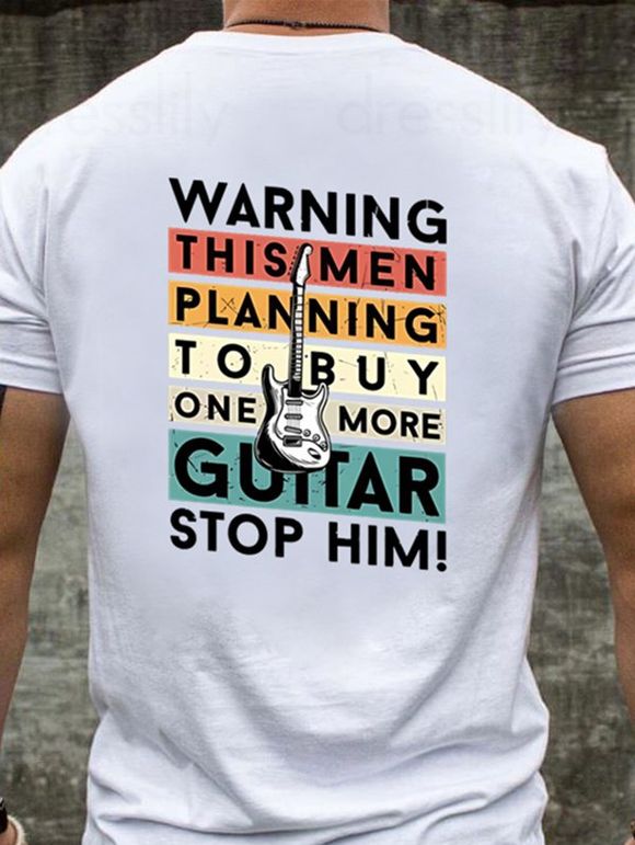 T-shirt Décontracté à Imprimé Guitare et Slogan à Manches Courtes en Coton - Blanc XXL