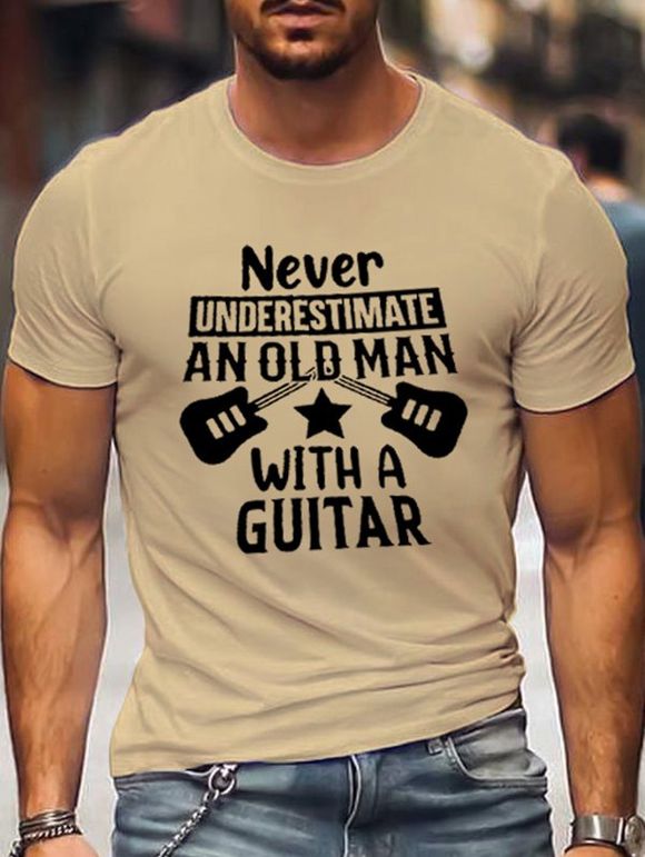 T-shirt Décontracté à Imprimé Slogan et Guitare à Col Rond en Coton - café lumière XXL