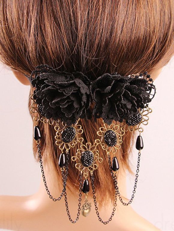Pince à Cheveux Gothique 3D Fleur Décoré de Frange avec Chaîne - Noir 