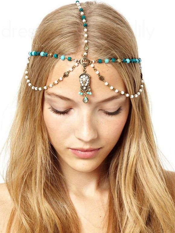 Accessoire de Cheveux Vintage Perlée avec Fausse Perle avec Strass - Bleu 