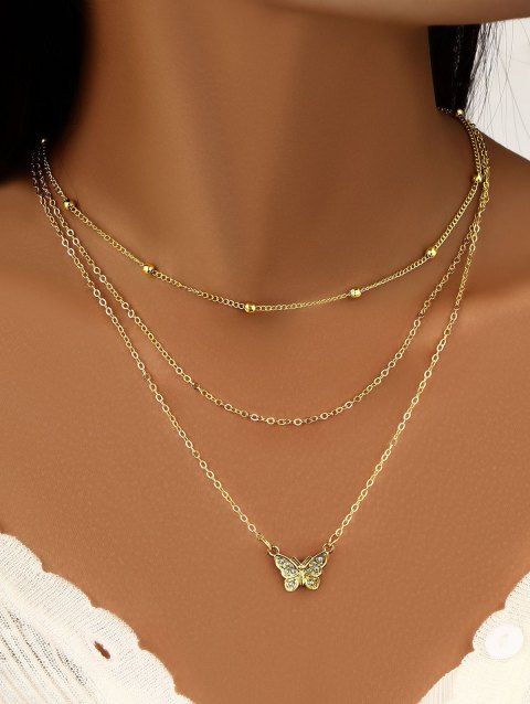 Rhinestone Butterfly Pattern Layered Adjustable Chain Necklace