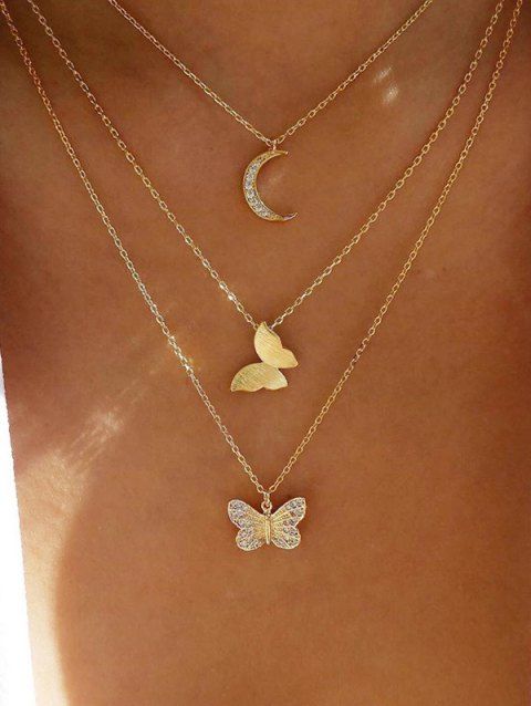 Collier Chaîne Superposé Motif de Papillon avec Strass en Métal