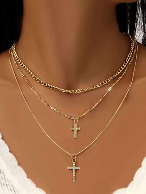 Layered Rhinestone Cross Pattern Chain Necklace
