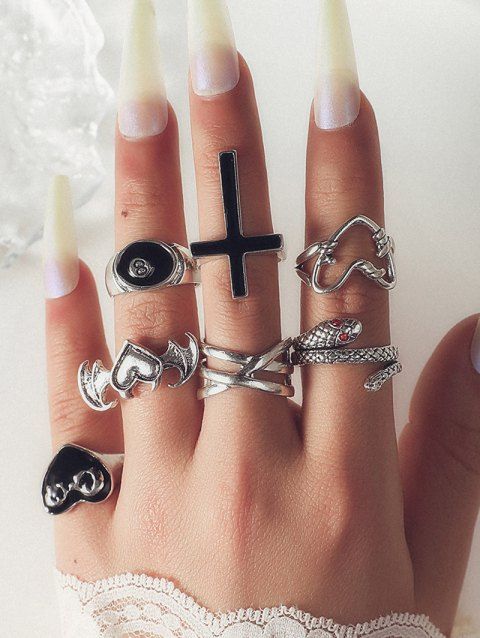 7Pcs Snake Heart Batwing Cross Pattern Finger Rings Set