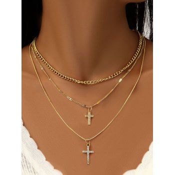 

Layered Rhinestone Cross Pattern Chain Necklace, Golden