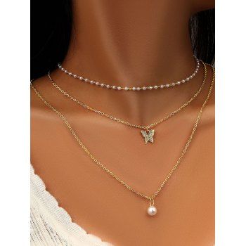 

Artificial Pearl Rhinestone Butterfly Layered Chain Necklace, Golden