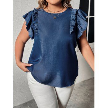 

Plus Size Flutter Sleeve Blouse Plain Color Smooth Round Neck Casual Top, Blue