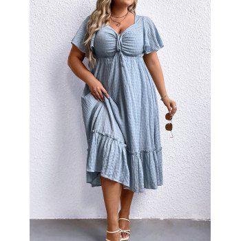 

Plus Size Ruffles Dress Plain Color Frilled Cinched Textured Casual Midi Dress, Light blue