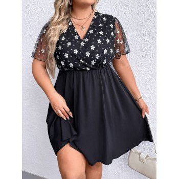 

Plus Size Floral Print Dress Mesh Sleeve Surplice Neck Casual Mini A Line Dress, Black