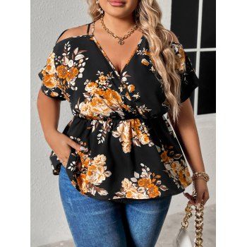 

Plus Size Flower Print Blouse V Neck Cold Shoulder Casual Top, Black
