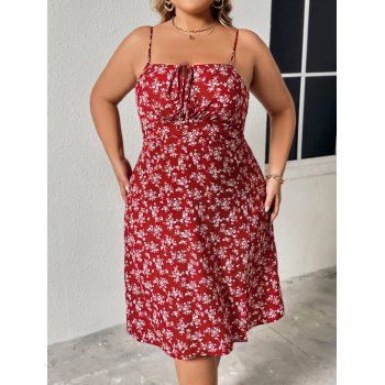 

Plus Size Tiny Floral Print Cami Dress Tied Adjustable Spaghetti Strap Casual Mini Dress, Red