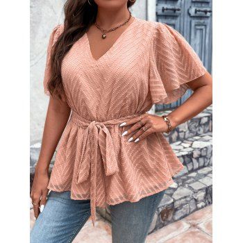 

Plus Size Swiss Dot Belt Blouse Plain Color Flutter Sleeve Casual Top, Light orange