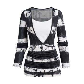 

Tie Dye Print Faux Twinset Top Long Sleeve Round Neck Casual Top, Black