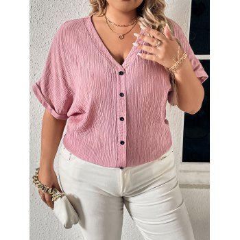 

Plus Size Crinkle Blouse Plain Color Button Roll Up Sleeve Casual Top, Light pink