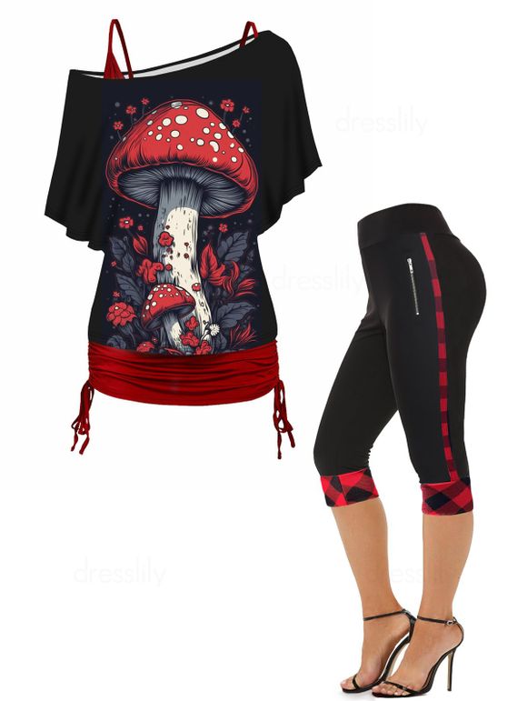 Ensemble de Tops Ruché à Col Oblique à Imprimé Champignon à Volants et Legging Capri Décontracté - multicolor S