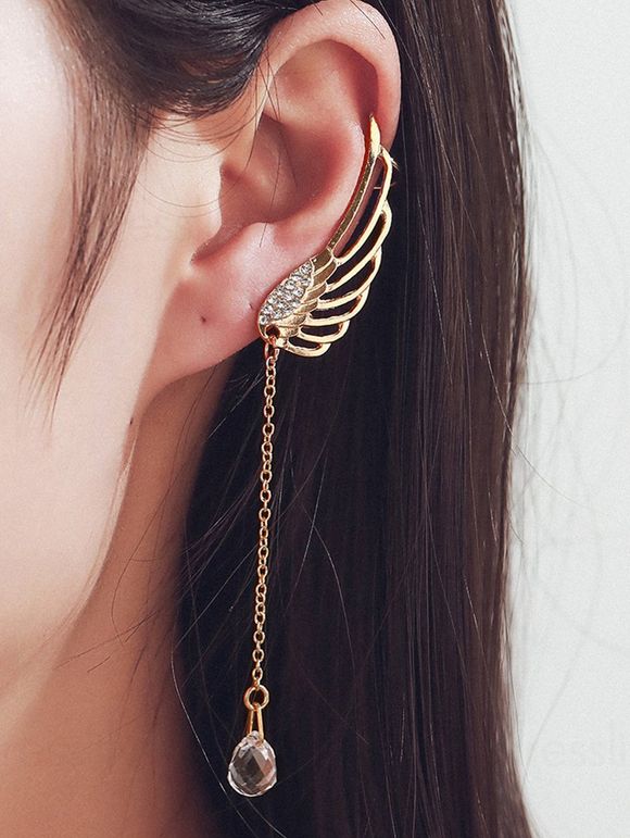 Boucle d'Oreille à Clip Unique en Forme de Goutte d'Eau avec Aile en Strass - d'or 