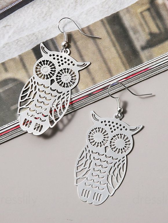 Boucles D'Oreilles Au Crochet Pendantes Motif de Hibou Evidé - Argent 