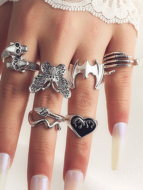 6 Pièces Ensemble de Bagues Papillon Chauve-souris Squelette en Métal - Argent 