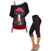 Ensemble de Tops Ruché à Col Oblique à Imprimé Champignon à Volants et Legging Capri Décontracté - multicolor S
