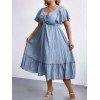 Plus Size Ruffles Dress Plain Color Frilled Cinched Textured Casual Midi Dress - LIGHT BLUE 2XL
