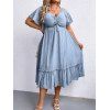 Plus Size Ruffles Dress Plain Color Frilled Cinched Textured Casual Midi Dress - LIGHT BLUE 2XL